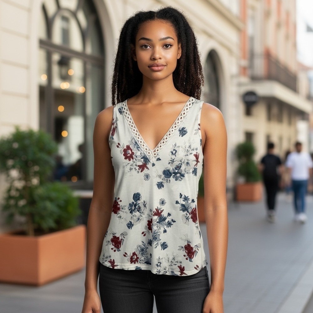Emery Rose Chic V-Neck Floral Tank Top. Size 2X.